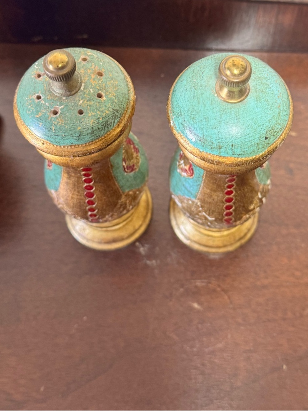 Vintage Florentine Teal Gold Gilt Pepper Mill & Salt Shaker Set- Italy - Picture 7 of 12